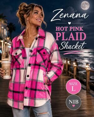 Zenana Hot Pink Plaid Fleece Shacket Jacket Button Front Size L New in Bag